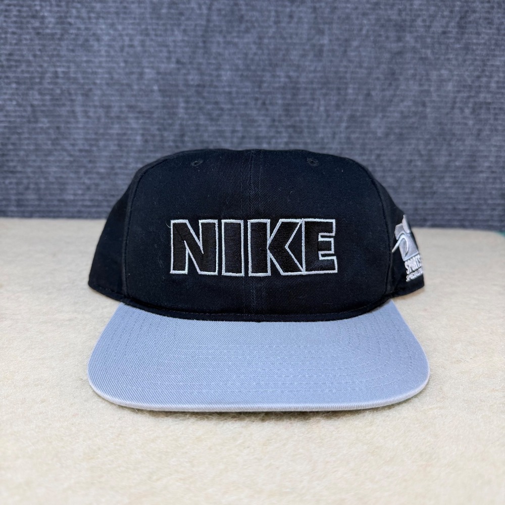 Vintage Nike Sports Specialties Snapback Hat Black Grey Block Logo One Size